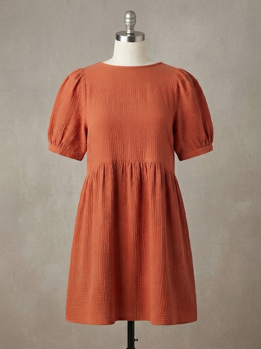 Dokotoo Puff-Sleeve Textured Midi Dress in Rust Orange